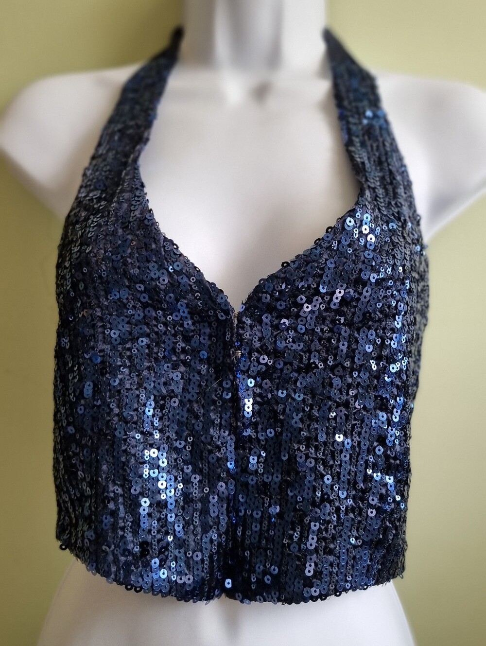 Vintage Wildcat Navy Blue Sequin & Satin Cropped Halter Top
